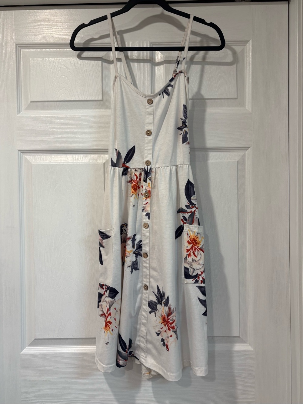 White Floral Button-Front Sundress with Pockets